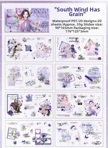 Detail of waterproof PET stickers with 20 vintage floral patterns for scrapbooking