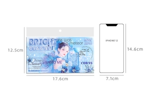 Size comparison of 17.6x12.5cm Bright Summer blue PET stickers next to iPhone 12