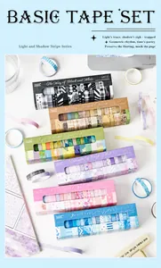Detail of 20-piece washi tape sets in six theme colors for DIY journaling and scrapbooking
