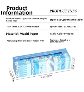 Detailed specifications of 20 rolls of blue striped washi tape for journaling and DIY