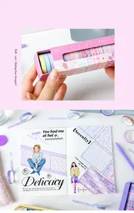 Detailed view of purple washi tape set in drawer storage box for journaling DIY
