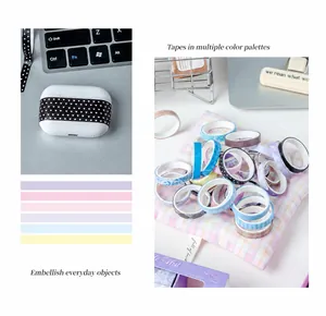 Detailed close-up of 20 rolls of macaron-colored washi tape with floral and grid patterns