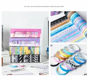 Detail of 20-roll washi tape set featuring floral patterns and plaid designs for DIY scrapbooking