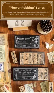 Detail of vintage wooden stamps set with clear floral engravings and botanical patterns