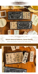 Detail of vintage wooden botanical stamps set for DIY journaling and scrapbooking crafts