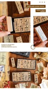 Macro shot of 6pcs vintage wooden botanical stamps with rubber embossed floral designs