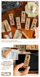 Detail of 6 vintage wooden stamps with botanical patterns and script for DIY journals