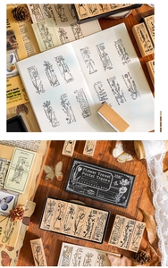 Detail of 6pcs vintage wooden stamp set featuring floral, butterfly, and postcard designs