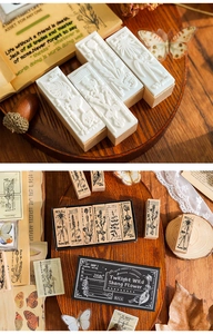 Macro detail of vintage floral wooden stamps set for DIY journaling and scrapbooking