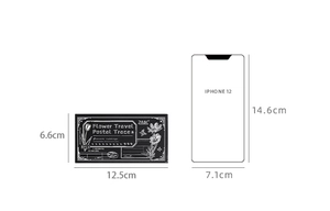 Size comparison of floral vintage stamps set 12.5x6.6cm against an iPhone 12 outline