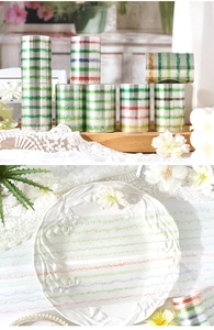 Macro detail of botanical PET decorative tapes showing transparent leafy patterns on a ceramic plate
