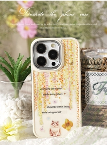 French country style iPhone case featuring floral patterns and a cute cat illustration