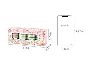 Detailed dimensions of 4-roll floral PET tape set with iPhone 12 for scale comparison