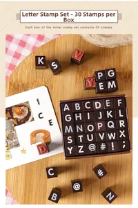 Macro shot of 30pcs wooden alphabet stamps set with rubber face for DIY scrapbooking
