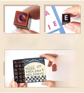 Detail of 30pcs vintage wooden alphabet stamps set with rubber seal and storage drawer box