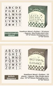 Detailed view of 30pcs vintage wooden alphabet stamp set with rubber surface and dimensions