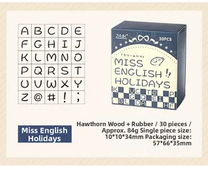 Detailed specs of 30pcs wooden alphabet stamps set with dimensions and material info