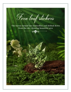 Macro shot of waterproof green fern leaf PET stickers on a natural wood block