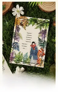 Macro view of vintage fern leaf stickers and character illustration on mossy background