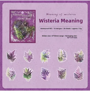 Macro detail of 20pcs waterproof PET wisteria floral stickers with packaging and sizes