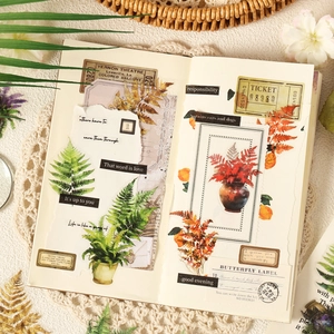 Vintage botanical PET stickers with green ferns and maple leaves for journaling