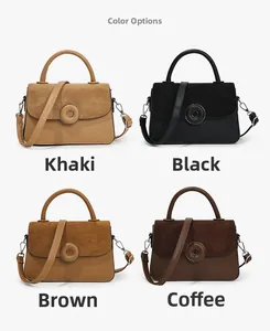 Detail view of spliced matte leather handbags in four classic retro earth tone colors