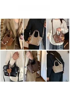 Litchi pattern leather bucket bag shown in multiple carrying styles for daily casual wear