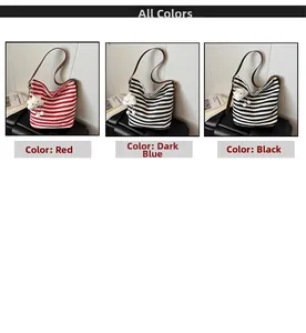 Three striped canvas tote bags in red, blue, and black with leather straps and cloud charms