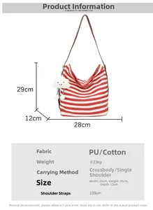 Detailed size chart for red and white striped tote bag with dimensions 28x29x12cm
