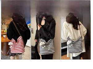 Detailed views of striped canvas bags in red, blue, and black showing various carrying ways