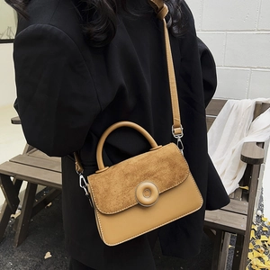 Khaki suede patchwork crossbody square bag with top handle and round buckle decoration