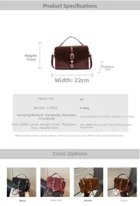 Detailed size chart for retro PU leather shoulder bag with buckle showing precise dimensions