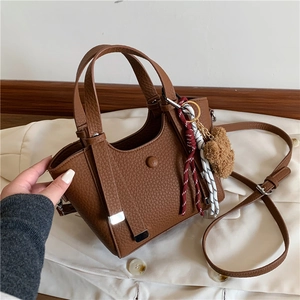 Women Retro Litchi Grain PU Leather Bucket Bag Large Capacity Tote Handbag With Detachable Shoulder Strap Casual Crossbody Bag