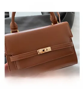 Close-up of the brown leather texture and golden metal twist lock on a small square bag