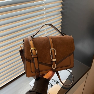 Retro Crossbody Bag For Women Vintage Suede And PU Leather Patchwork Small Square Handbag With Gold Metal Buckle