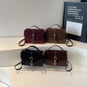 Retro square shoulder bag with buckle in burgundy, brown, black and coffee colors