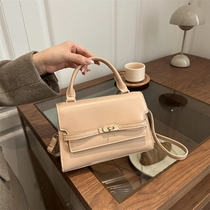 Minimalist Women PU Leather Small Square Handbag With Gold Turn-Lock Kelly Style Crossbody Shoulder Bag For Office Travel