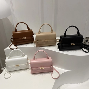 Fashionable minimalist square leather handbags in five colors with gold turn-lock closure