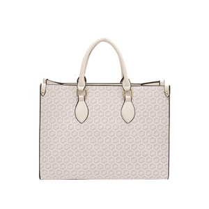 Minimalist beige tote bag with geometric hexagon pattern and spacious interior design