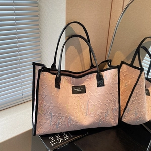 Fashion Women Large Capacity Quilted Fabric Tote Bag Wave Embroidery Urban Simple Daily Commuting Shoulder Handbag