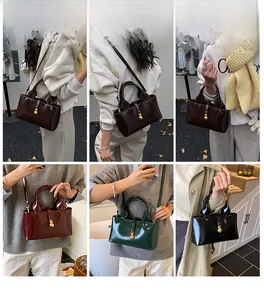 Detailed views of vintage patent leather bucket bags in multiple colors with gold charms