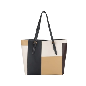 Large capacity color block tote bag in beige and brown leather with adjustable straps