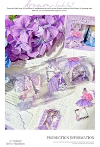 Detailed view of waterproof PET stickers with purple female characters and gold foil stamping