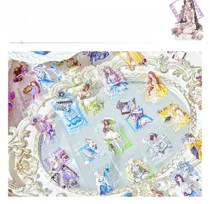 Detailed view of anime girl PET stickers arranged on a vintage white relief tray