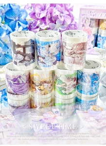 Close-up of 7 rolls of anime girl PET decorative tapes for creative journaling art