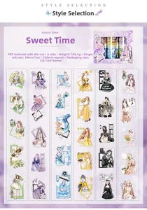 Detail of Sweet Time PET tape set featuring 6 rolls of cute anime girl illustrations