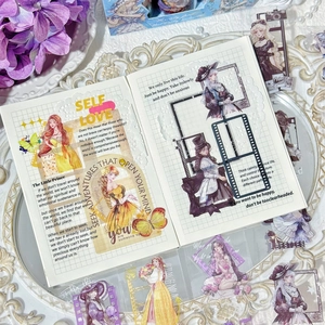 Vintage aesthetic PET tape featuring girl illustrations and floral motifs for journaling