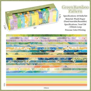 Green bamboo pattern washi tape set, 20 rolls of 7mm decorative tape for DIY scrapbooking