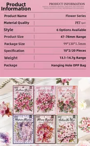 Detail of waterproof PET floral stickers with gold foil accents and pearl decor