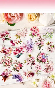Floral PET sticker set with orchid and cherry blossom designs on white silk background